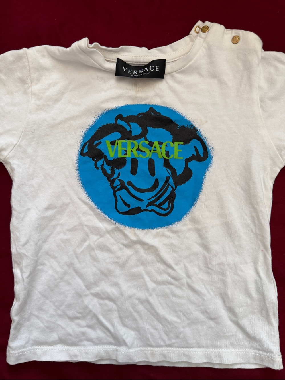 Versace Kids White Tee with Bright Blue Medusa Graphic and Neon Yellow Logo